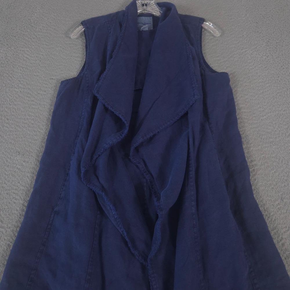Tommy Bahama Vest Womens Small Navy Two Palms Linen Sleeveless Waterfall Raw Hem
